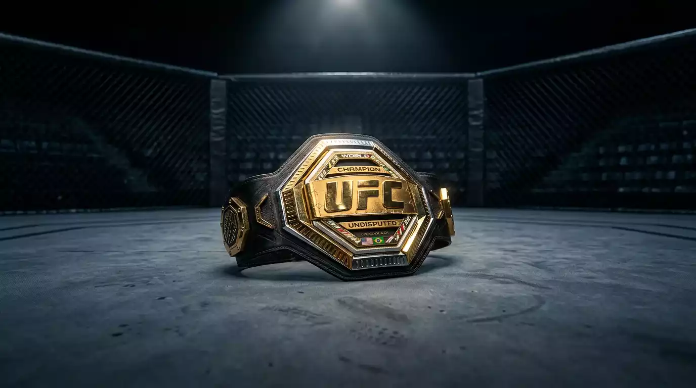 UFC octagon with championship belt and betting odds overlay